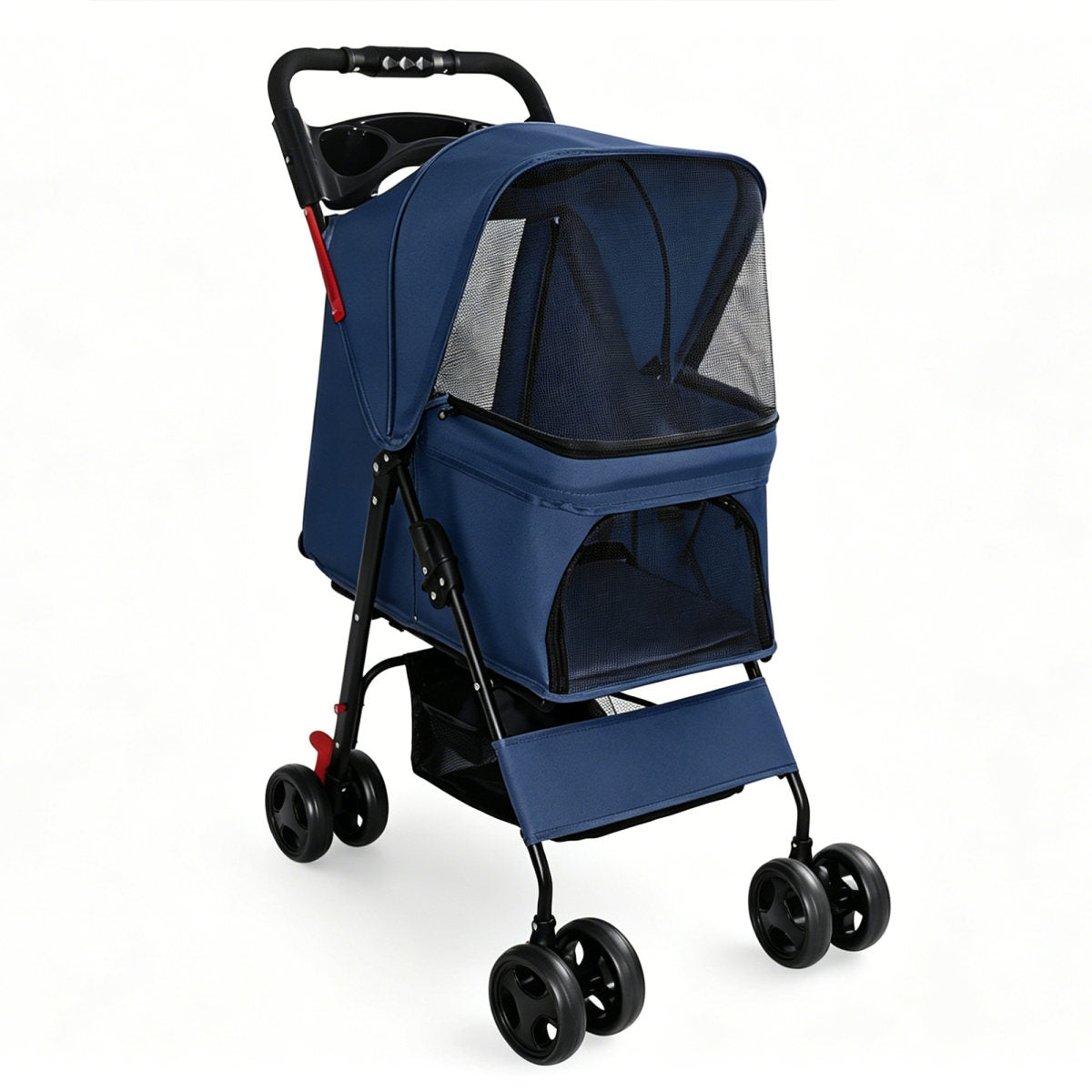 Foldable Pet Stroller for Small Dogs and Cats Under 28 lbs with Multi-Functional Tray, 2 Safety Leashes, Storage Basket & Breathable Mesh, 4 Wheels Pet Stroller, Blue