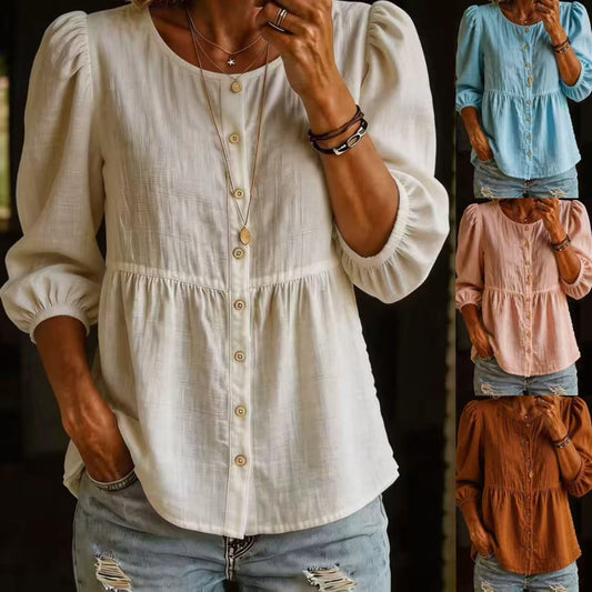 Casual Fashion Solid-Color Three-Quarter-Sleeve Crew-Neck Button-Down Shirt