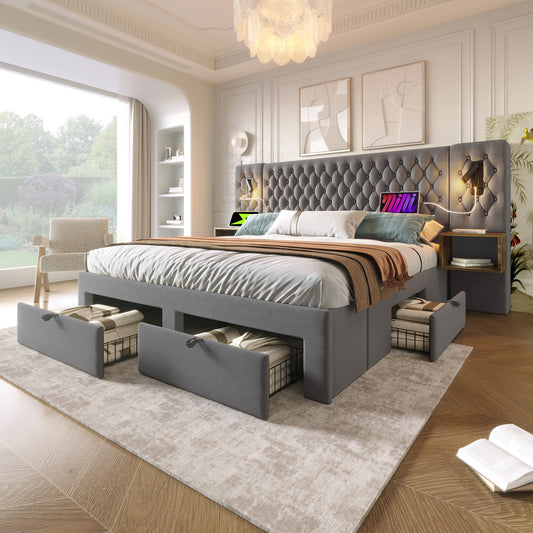 AB30098234G Bed System Bedroom Complete Set, Upholstered Bed Double Bed 180x200 Cm With 2 Bedside Tables And 4 Drawers, Headboard Reading Light With USB Charging Function, Grey, Velvet  Without Matt