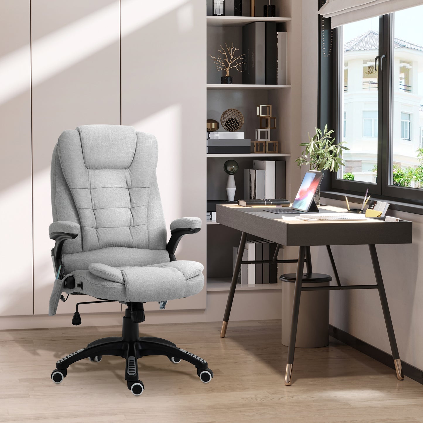 Vinsetto Office Chair, Ergonomic Fabric Desk Chair With 6-Point Massage And Back Heated, Arms, Lumbar Support, Light Grey
