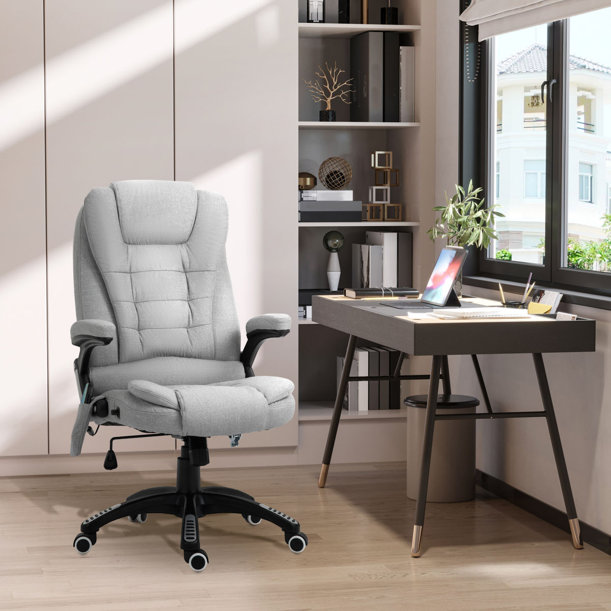 Vinsetto Office Chair, Ergonomic Fabric Desk Chair With 6-Point Massage And Back Heated, Arms, Lumbar Support, Light Grey