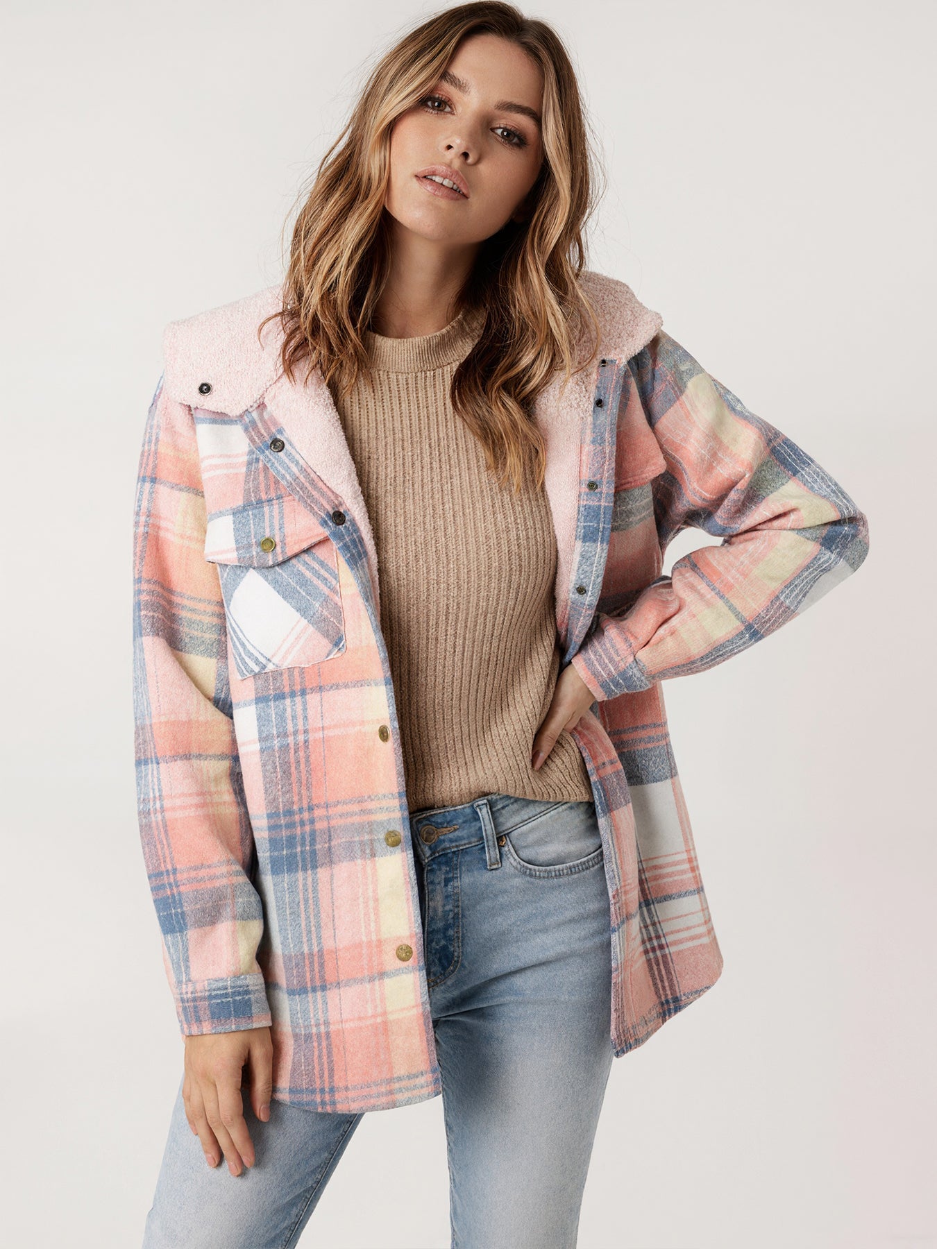 New Women's Fleece-lined Plaid Print Long-sleeved Hooded Jacket With Pockets, Perfect For Autumn And Winter.