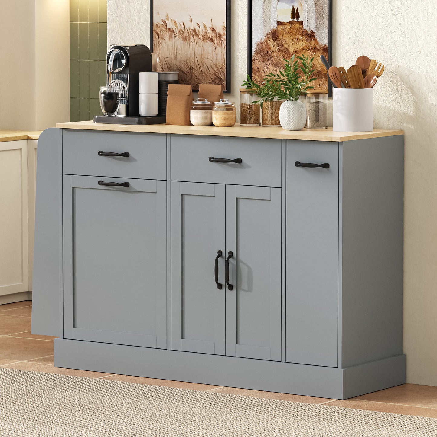 Modern Sideboard With Different Drawers, Buffet Cabinet With Waste Bin Compartment And External Spice Rack For Dining Room, Living Room And Kitchen  Grey