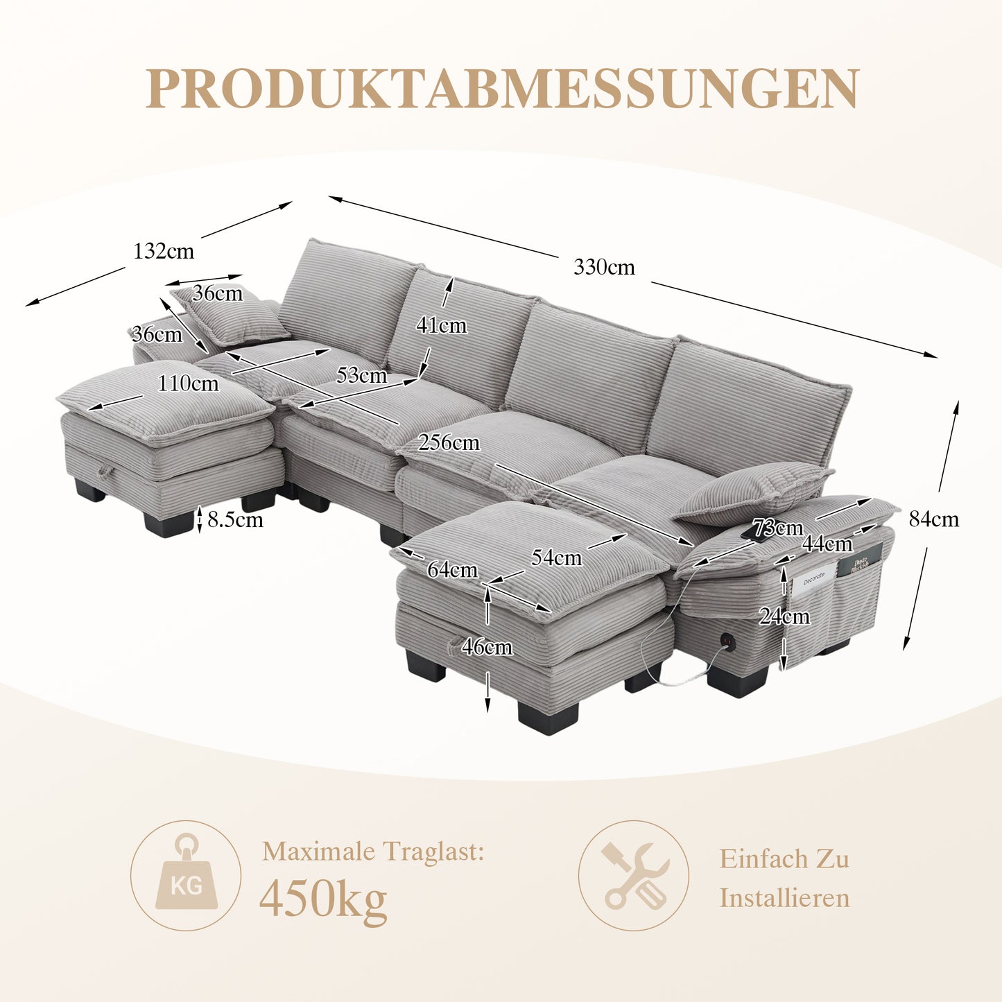 Modular 4-seater Corduroy Sofa  With 2 Stools   Wide Seat, Ergonomic Design, High-density Foam Padding, USB-C Port And Side Pockets.Ideal For Living Room, Office Or Lounge.Light Grey