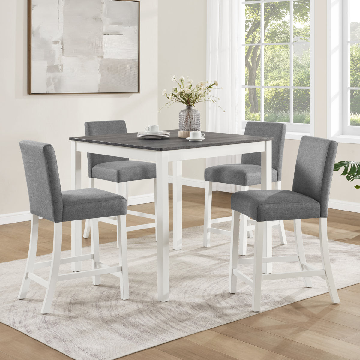 5-Piece Counter Height Table Set with 4 Chairs, Counter Height Table Set for 4 with Chairs, Wooden Counter Height  Table Set for Kitchen, Dining Room, Grey & White Two Tone
