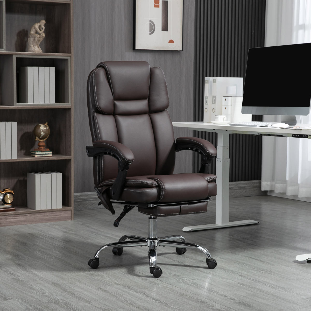 6 Point Vibration Massage Office Chair, PU Leather Reclining Computer Chair with Adjustable Height, Brwon