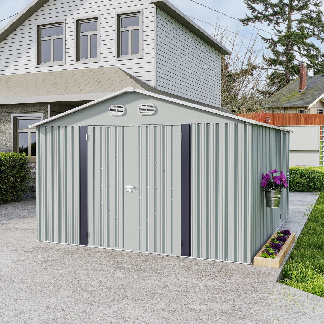 10x12 FT Outdoor Metal Storage Shed, Large Storage Sheds With Sturdy Frame Structure, Metal Garden Tool Shed With Lockable Door For Garden,Gift A Foldable Flower Pot Stand, Backyard, WHIT