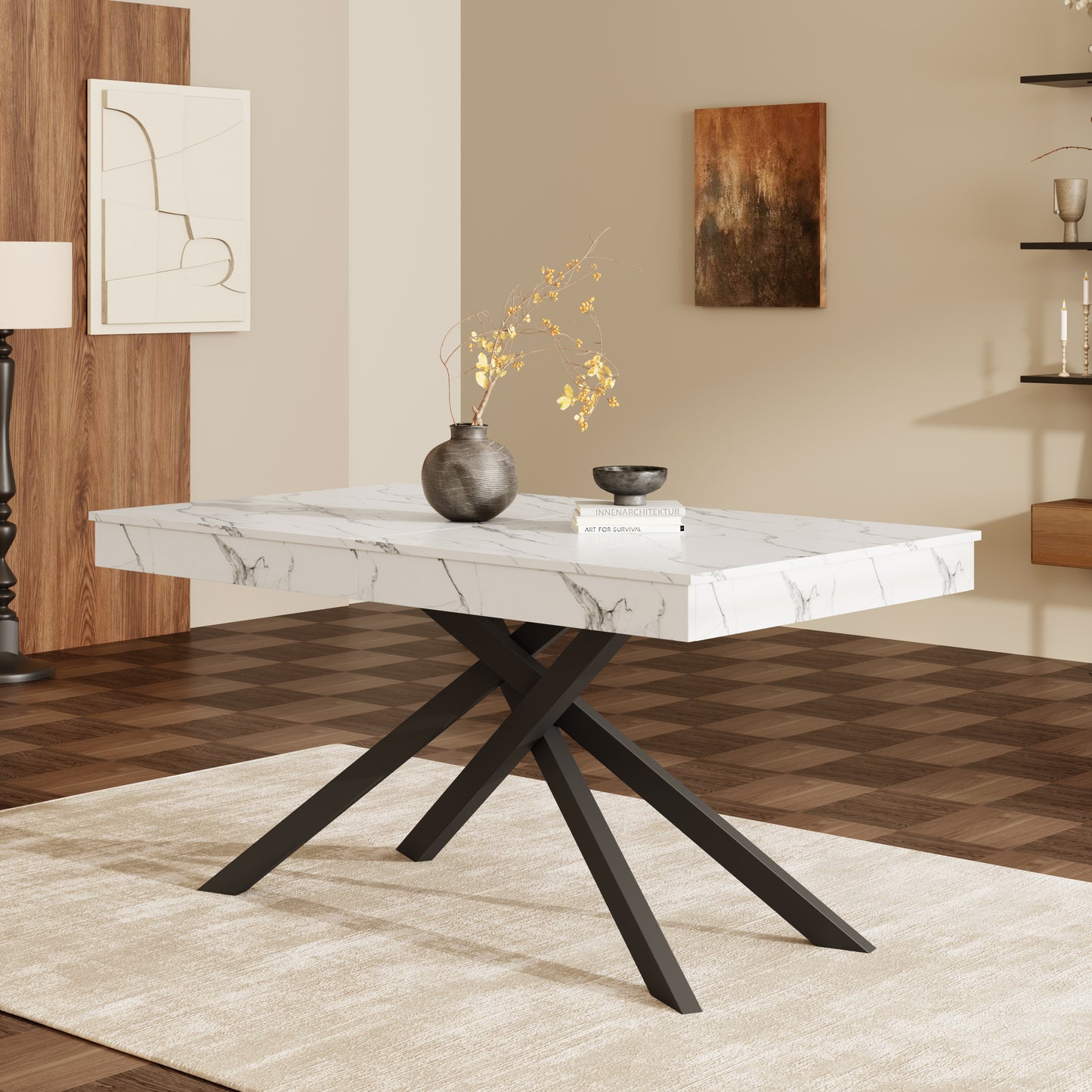Extendable Dining Table, 140 180x80 Cm, Suitable For 6-8 People, Right Shape, Thickened Table Top, Metal Legs, Simple Style, Table For Dining Room, Kitchen, Living Room, White
