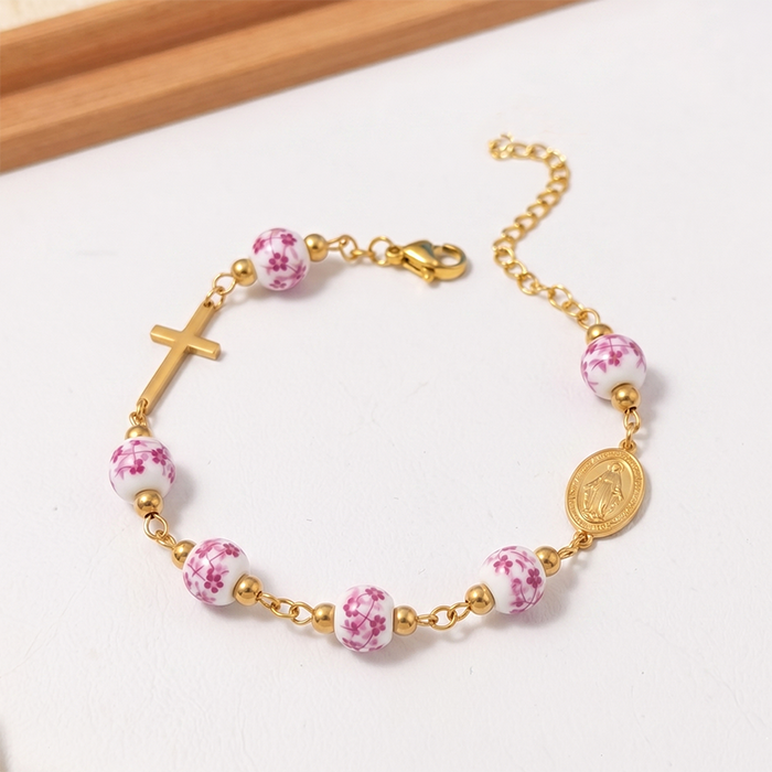 Ceramic Bead Cross Rosary Bracelet For Women, 18K Gold Plated Stainless Steel Miraculous Medal Virgin Mary Bracelet, Religious Faith Gift