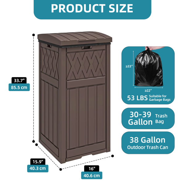 32 Gallon Outdoor Trash Can, Waterproof Resin Garbage Bin With Lid & Drip Tray For Porch Backyard Patio, Dark Brown  Shipment From Walmart