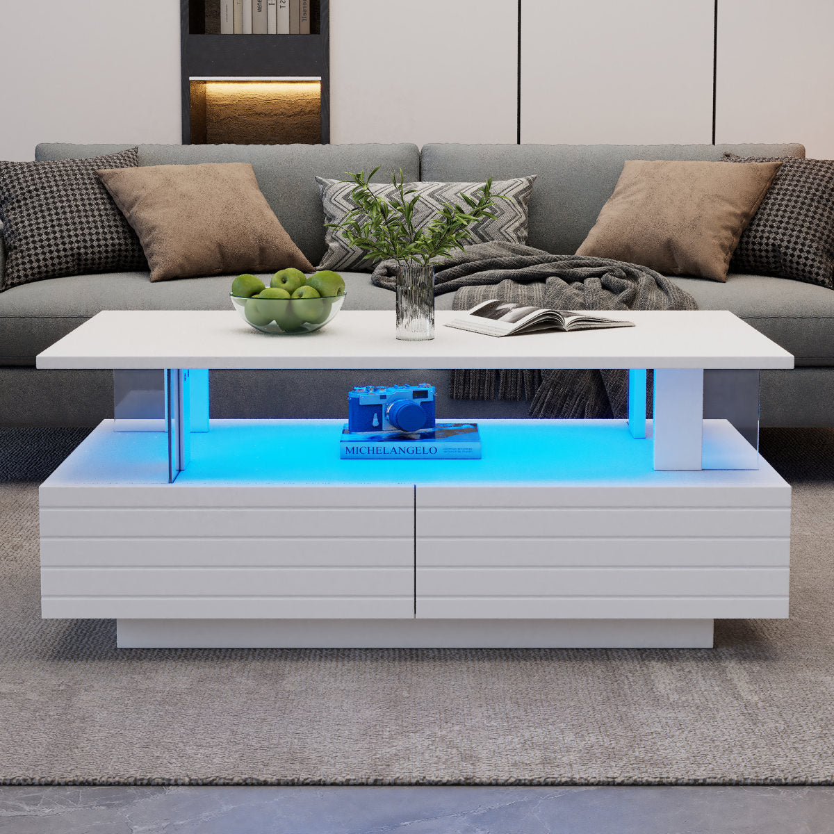 White LED Coffee Table With Storage Function, Acrylic LED Living Room Table, Side Table, Double Layer Rectangular Coffee Table With Bluetooth Mobile Phone App Control, Suitable For Parties, Offices