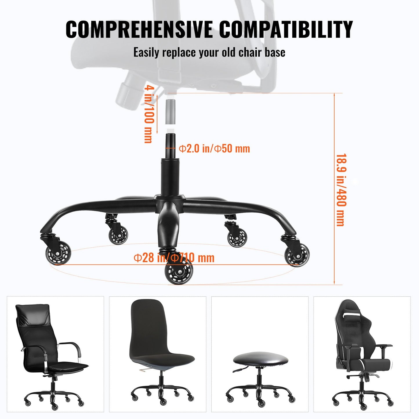Office Chair Base Replacement, 28", 2500 Lbs Static Load Capacity, Heavy Duty Universal Computer Desk Chair Stool Base Part With 5 Casters And Gas Cylinder, Desk Chair Base Replacement, Black