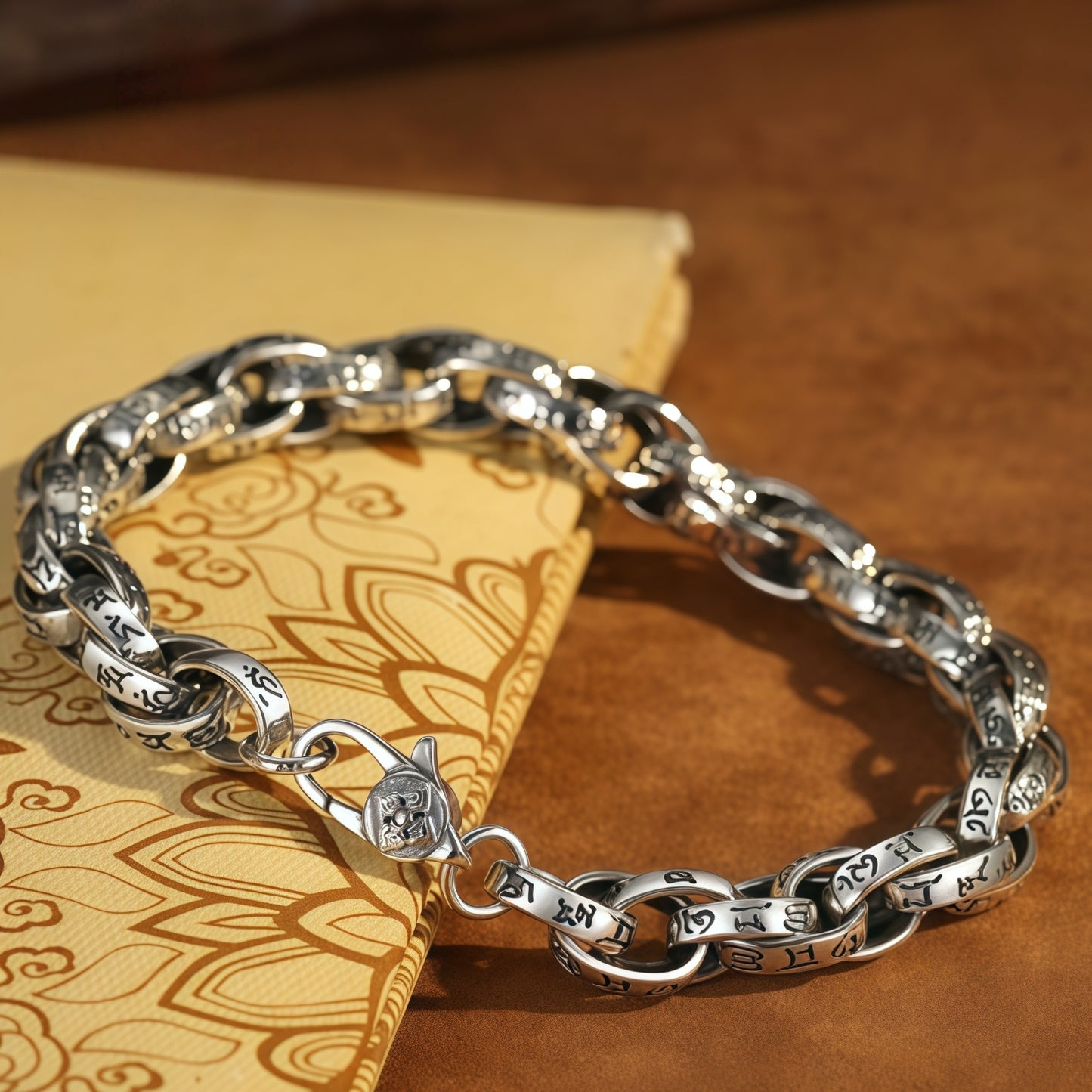 Antique Scroll Engraved Thick Curb Chain Bracelet For Men, Copper Plated Silver Oxidized Vintage Biker Punk Heavy Link Wrist Jewelry Gift