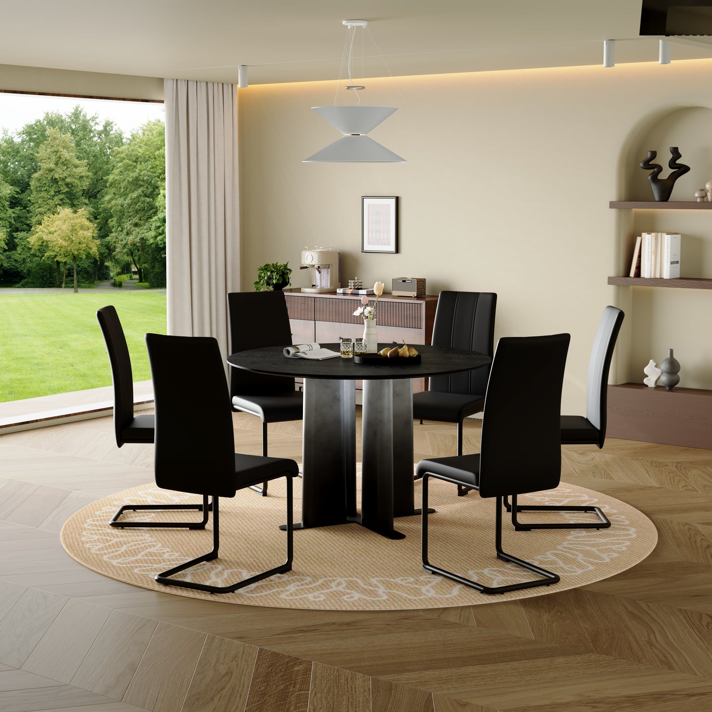 Round Black Wood Grain MDF Dining Table, Black & White Gradient Legs With Cross Base, Compact 2-4 Person Kitchen Table For Small Spaces Modern Dining Room Furniture