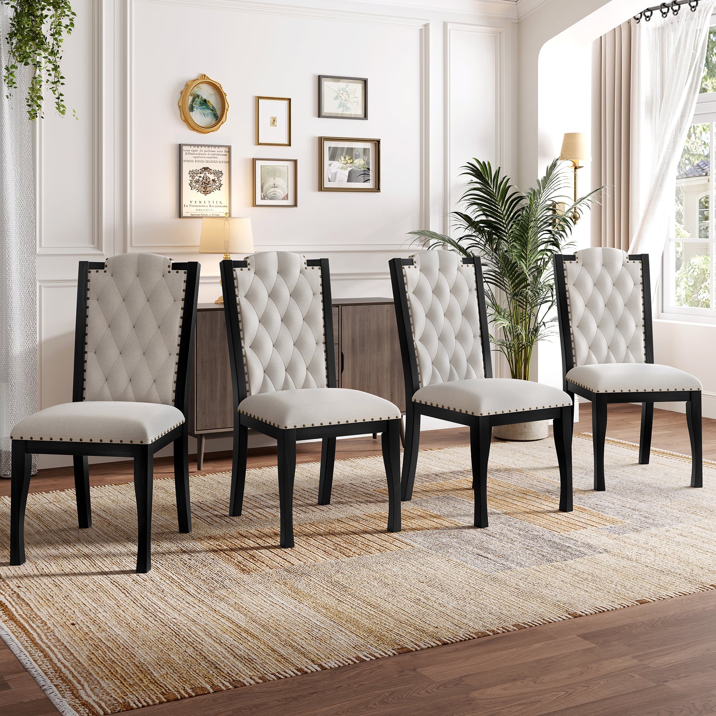 Upholstered Dining Chairs Set Of 4, High Back Diamond Button Tufted Kitchen Chairs With Solid Wood Legs And Nailhead Trims For Dining Room, Living Room, Restaurant, Biege Black