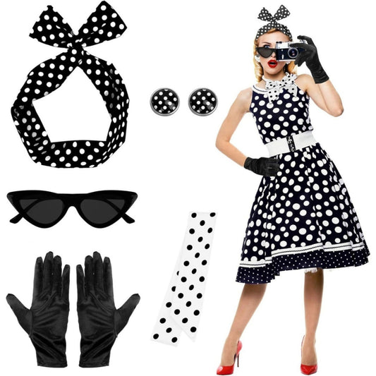 5-piece Accessory Set In Black, Retro Party Accessory Set, Accessories For Themed Events