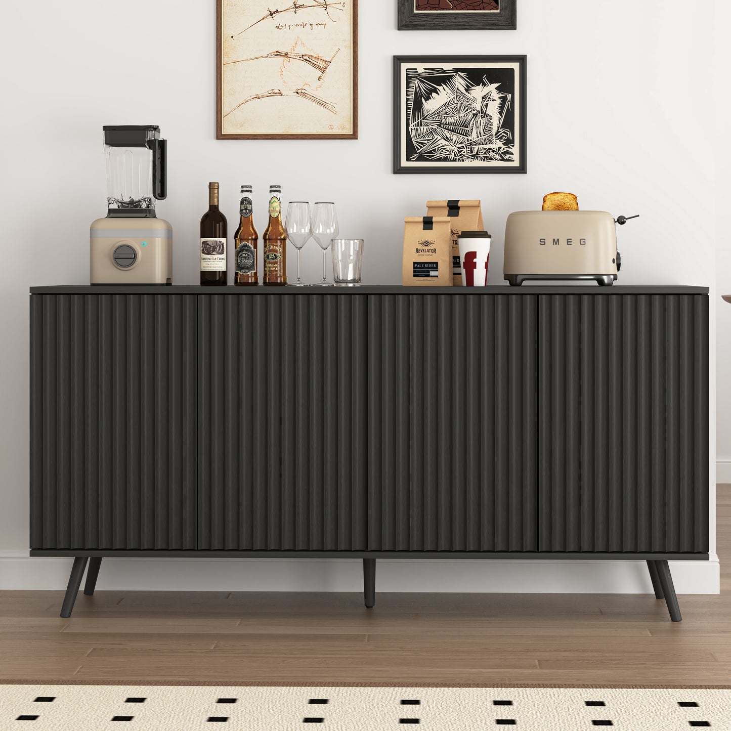Sideboard Buffet Cabinet With Storage, Long Sideboard Storage Cabinet With 4 Doors, Wood Credenza Console Coffee Bar Cabinets With Adjustable Shelves For Living Room Kitchen Dining Room Black