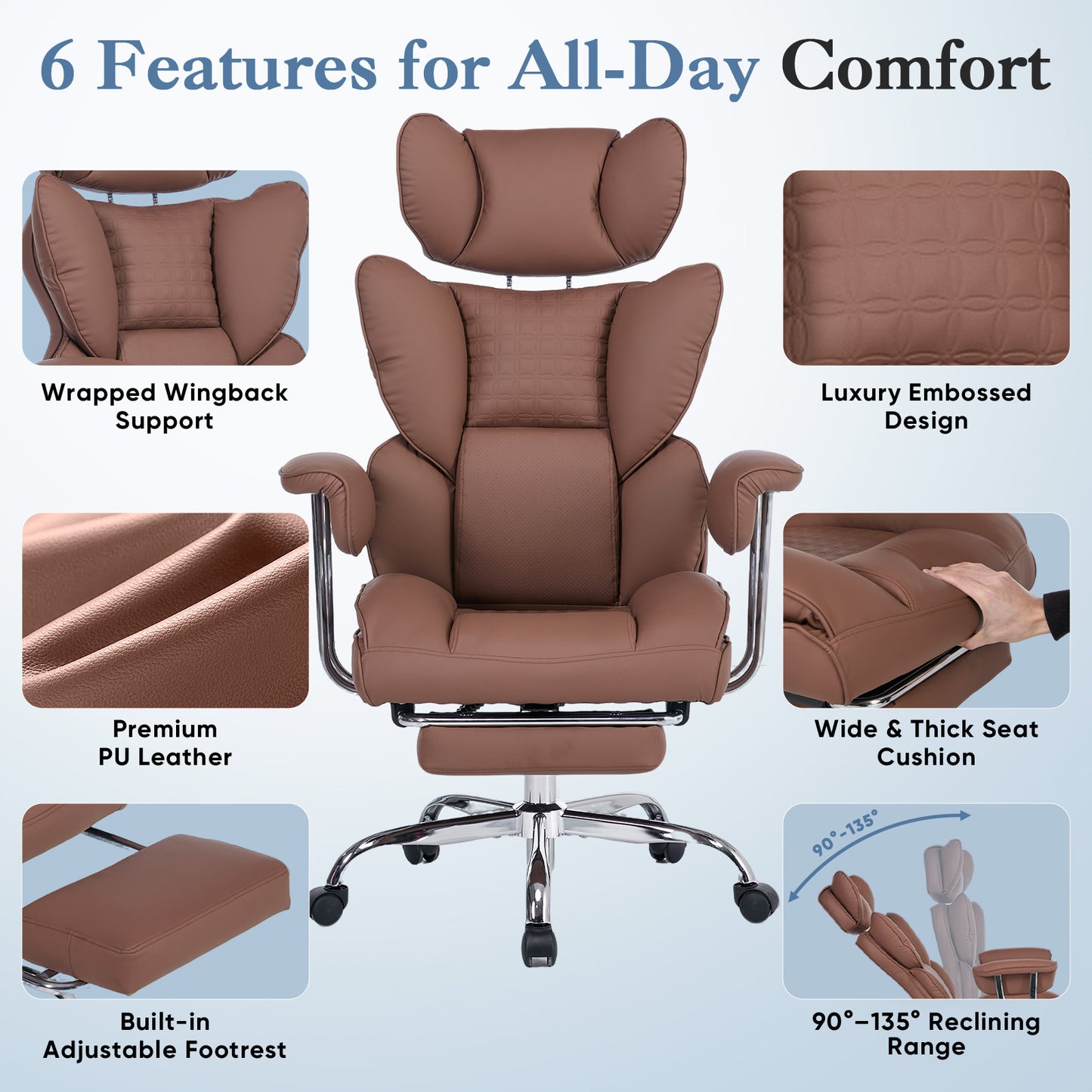 Large-sized High-back Office Chair - 350 Pounds, Anti-scratch PU Leather Executive Office Desk Chair, With Footrest, Reclining Computer Chair
