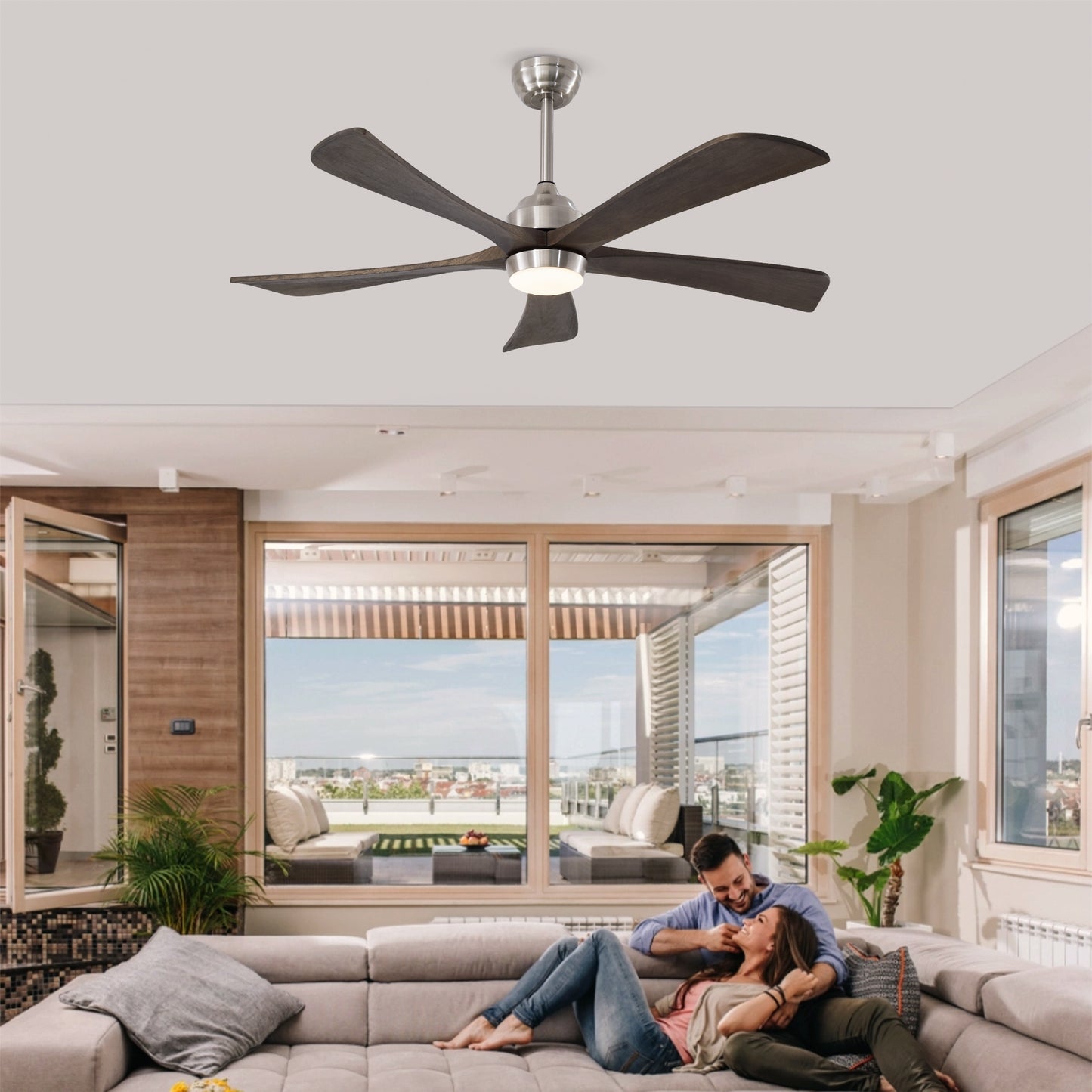 52  5PCS Solid Wood Blades Ceiling Fan With Lights Remote Control,Quiet DC Motor 3 Blade Ceiling Fans 6 Speed Levels,Reversible Ceiling Fan,for Patio Living Room,Bedroom,Office,Indoor. Stain Nickel
