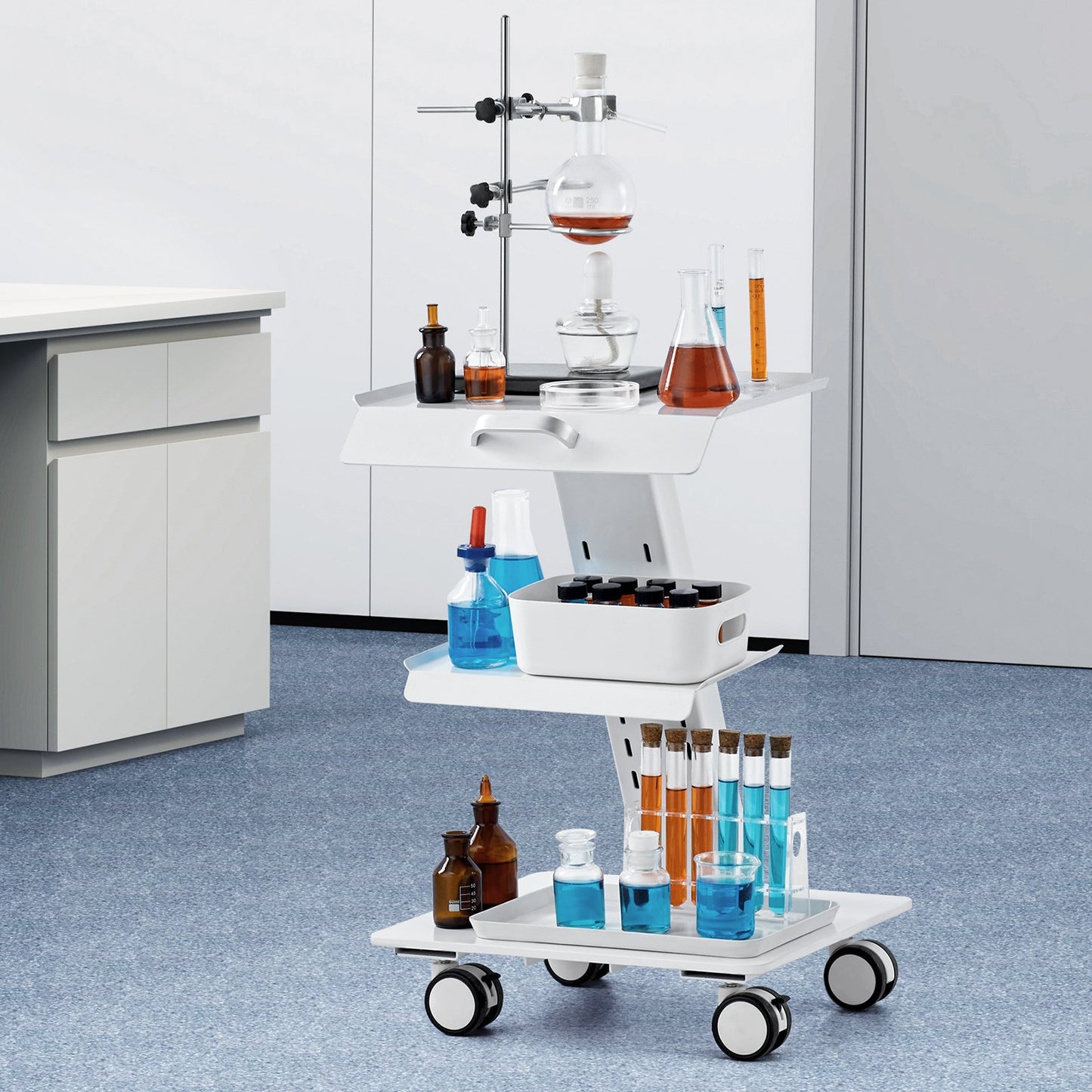 VEVOR Lab Trolley, 3-Layer Rolling Lab Cart, Metal Mobile Trolley With Swivel Wheels, Tray Rolling Clinic Cart 220 Lbs Weight Capacity, For Lab, Clinic, Beauty And Salon