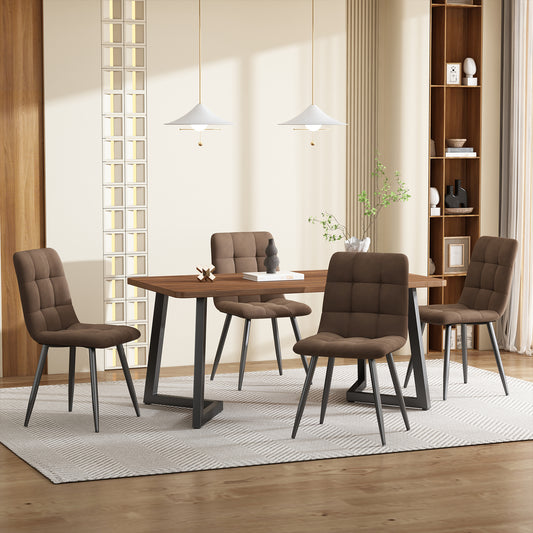 5-piece Dining Set With Table And 4 Chairs, Modern Kitchen Table Set, Wood Grain Kitchen Table With Black Metal Legs, MDF Tabletop In Walnut Color, Brown Velvet Dining Chairs