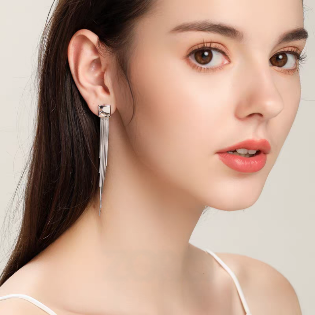 1 Pair 999 Sterling Silver Minimalist Square Long Tassel Earrings, Elegant & Slimming, Perfect For Daily, Party & Dating, Ideal Valentine's Gift