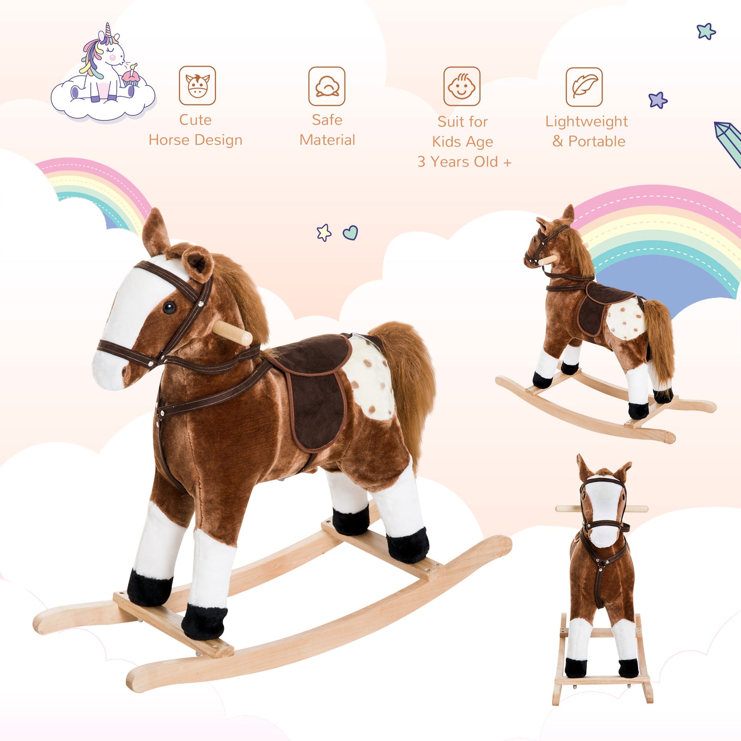 Kids Plush Toy Rocking Horse Pony Toddler Ride on Animal for Girls Pink Birthday Gifts with Realistic Sounds, Brown