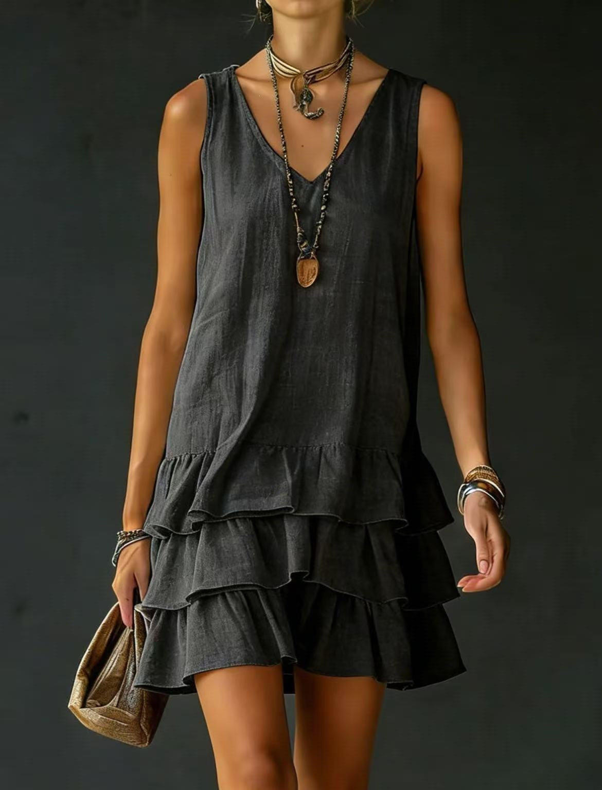 Spring Summer Fashion Women Solid Color Loose Casual Tank Dress With Side Pockets