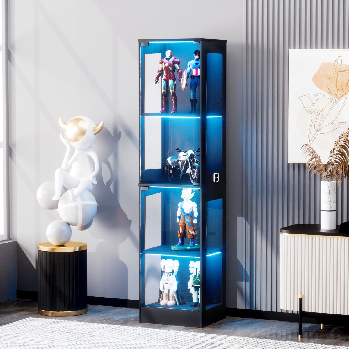 Four-storey Glass Display Case With Storage Space, LED Lighting, Glass Doors And Smart Sensors. Suitable As A Dustproof Glass Cabinet For Living Rooms, Bedrooms And Offices. Black.40x35x165cm