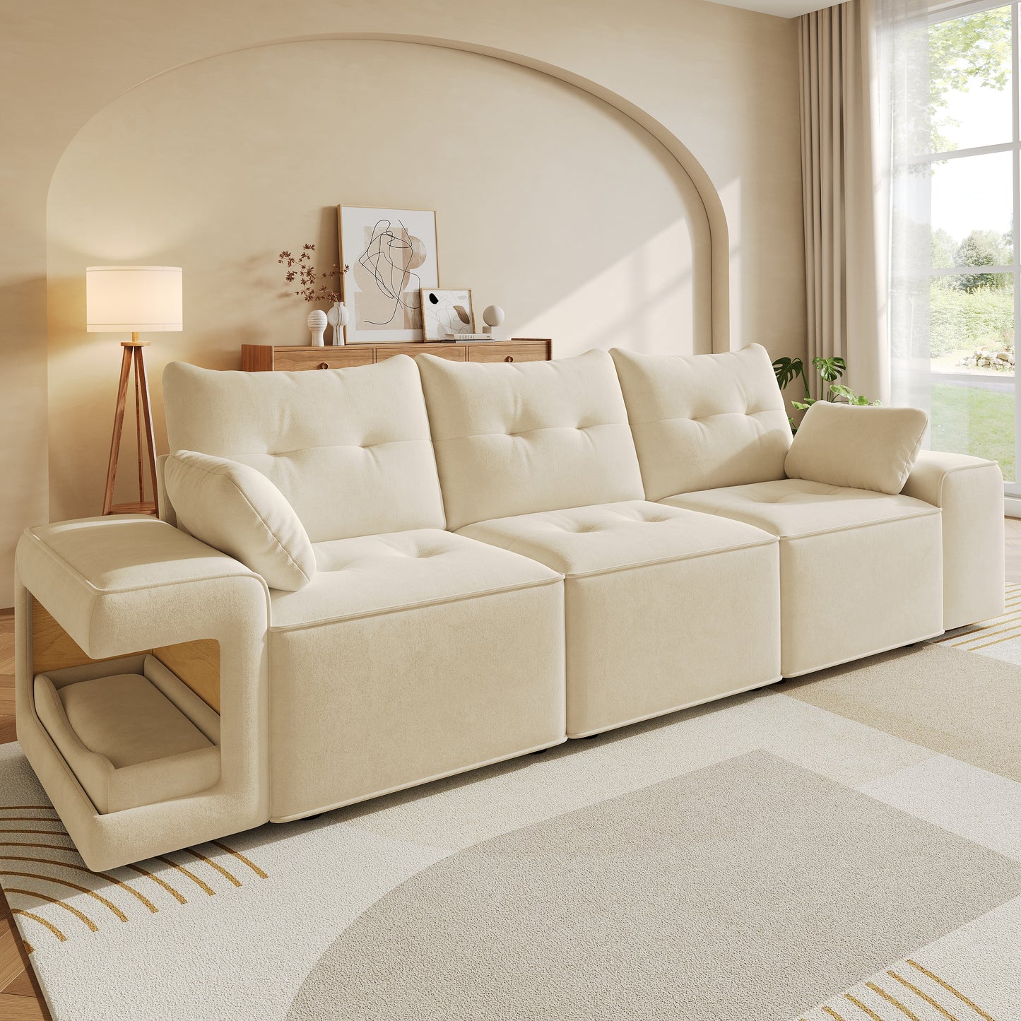Modern Modular 3-seater Sofa With Wide Armrests, Cloud Sofa, Integrated Storage, Upholstered Pet Area, With Two Cushions - Ideal For Living Rooms And Apartments, Beige