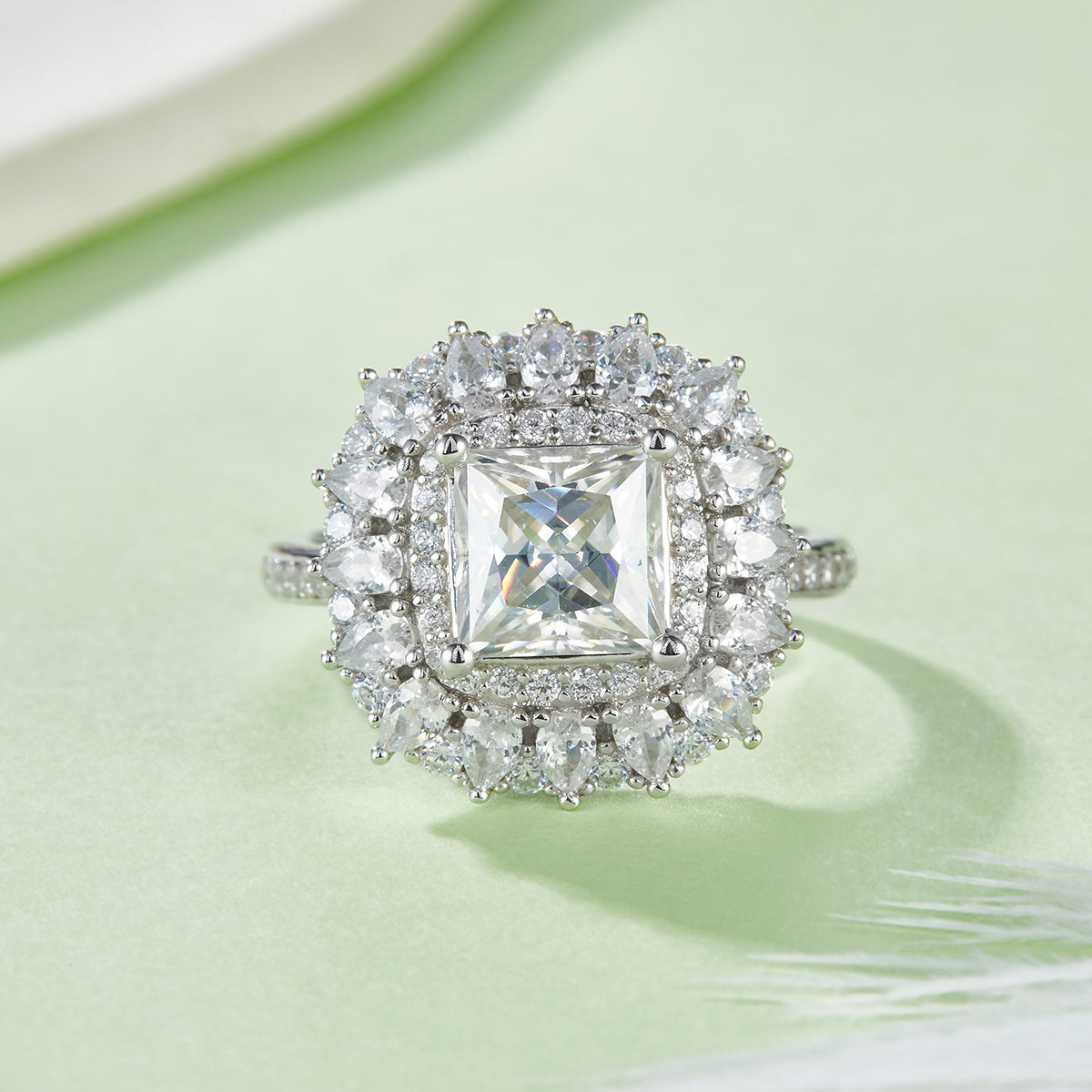 S925 Sterling Silver 2ct Princess Cut Moissanite Ring, D-VVS1 Double Halo Cluster, Platinum Plated 5.8g US Sizes 5-9, GRA Certificate Gift Box