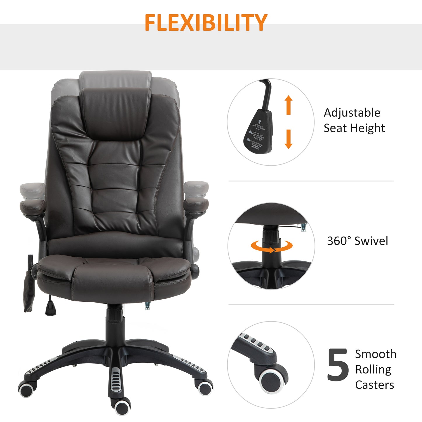 6-Point Massage Office Chair With Seat Heated For Home Office, PU Leather High Back Executive Desk Chair With Adjustable Height And 360° Swivel For Work Study, Brown