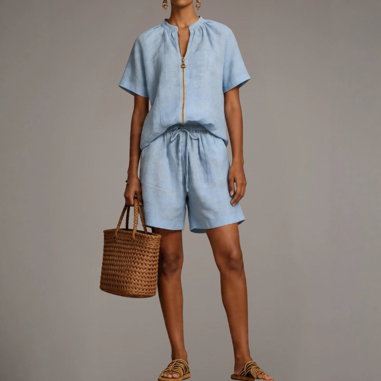 Summer New Solid-color Cotton-linen Short-sleeve Shorts Set