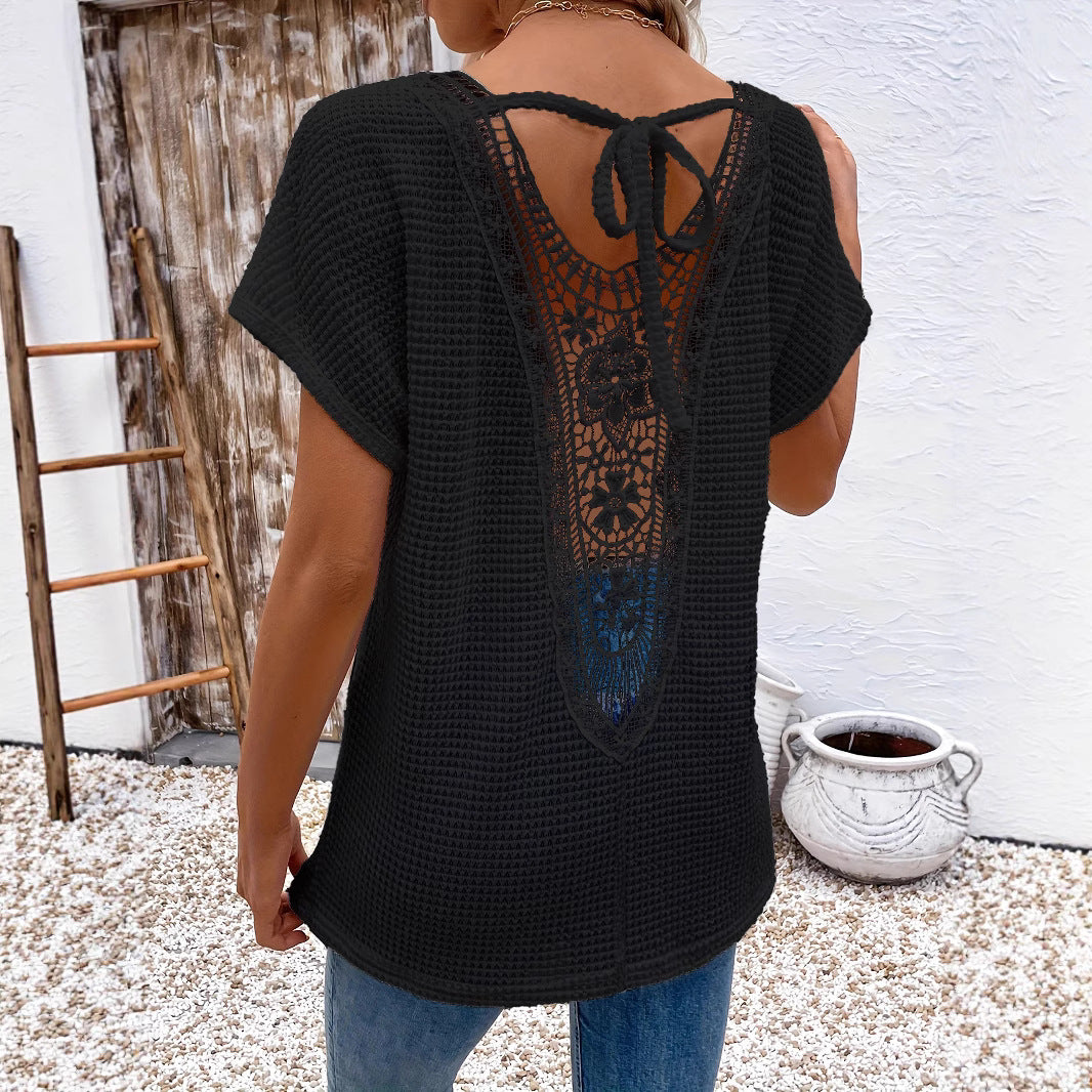 Womens Lace-Panel V-Neck Fashion T-Shirt