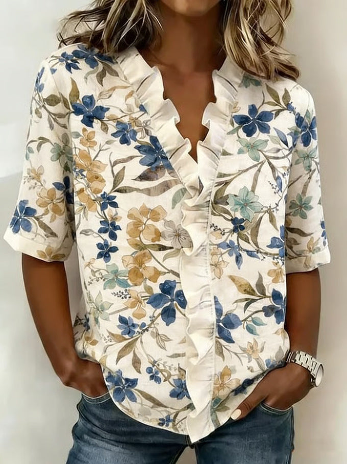 Printed Womens Fashion Floral V-neck Shirt