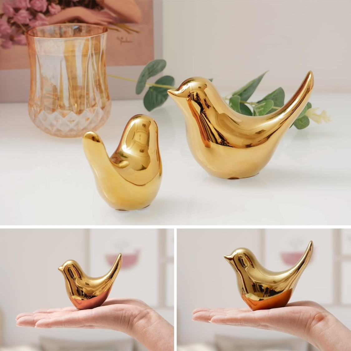 Home Decor Small Birds Statues Modern Style Decorative Ornaments For Living Room Decor, Bedroom, Office Desktop, Cabinets 2Pcs Gold Birds