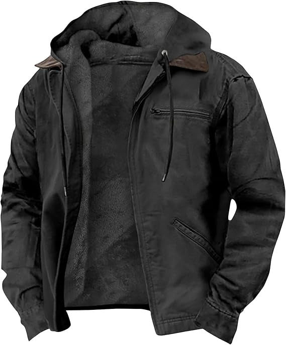 Winter Hooded Coat With Pockets Fashion Warm Fleece Zip-up Jacket Casual Outwear Men's Clothing