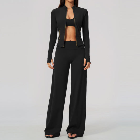 Yoga Jacket Zip-up Long-sleeve Bra And Flared-leg Workout Set