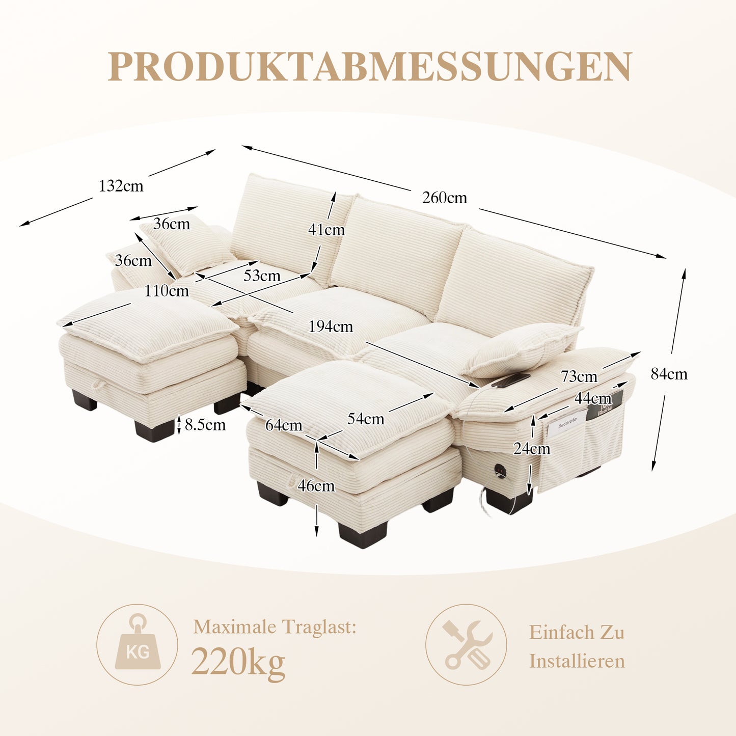 Modular 3-seater Corduroy Sofa  With 2 Stools  Wide Seat, Ergonomic Design, High-density Foam Padding, USB-C Port And Side Pockets. Ideal For Living Room, Office Or Lounge.Beige