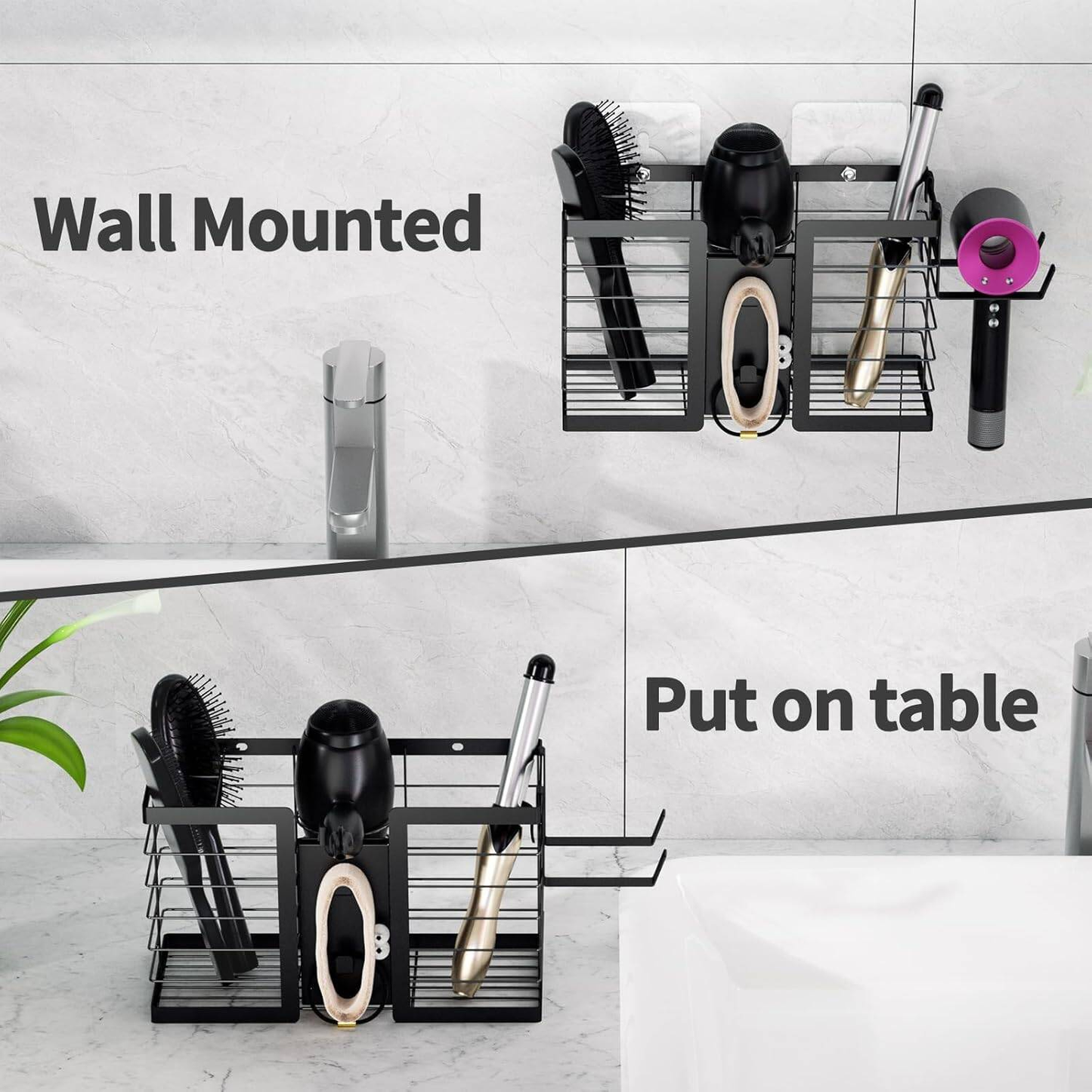 3-in-1 Wall Mounted Hair Tool Organizer Rust-Proof Steel Hair Dryer Holder With Heat-Resistant Storage For Straighteners, Brushes & Accessories