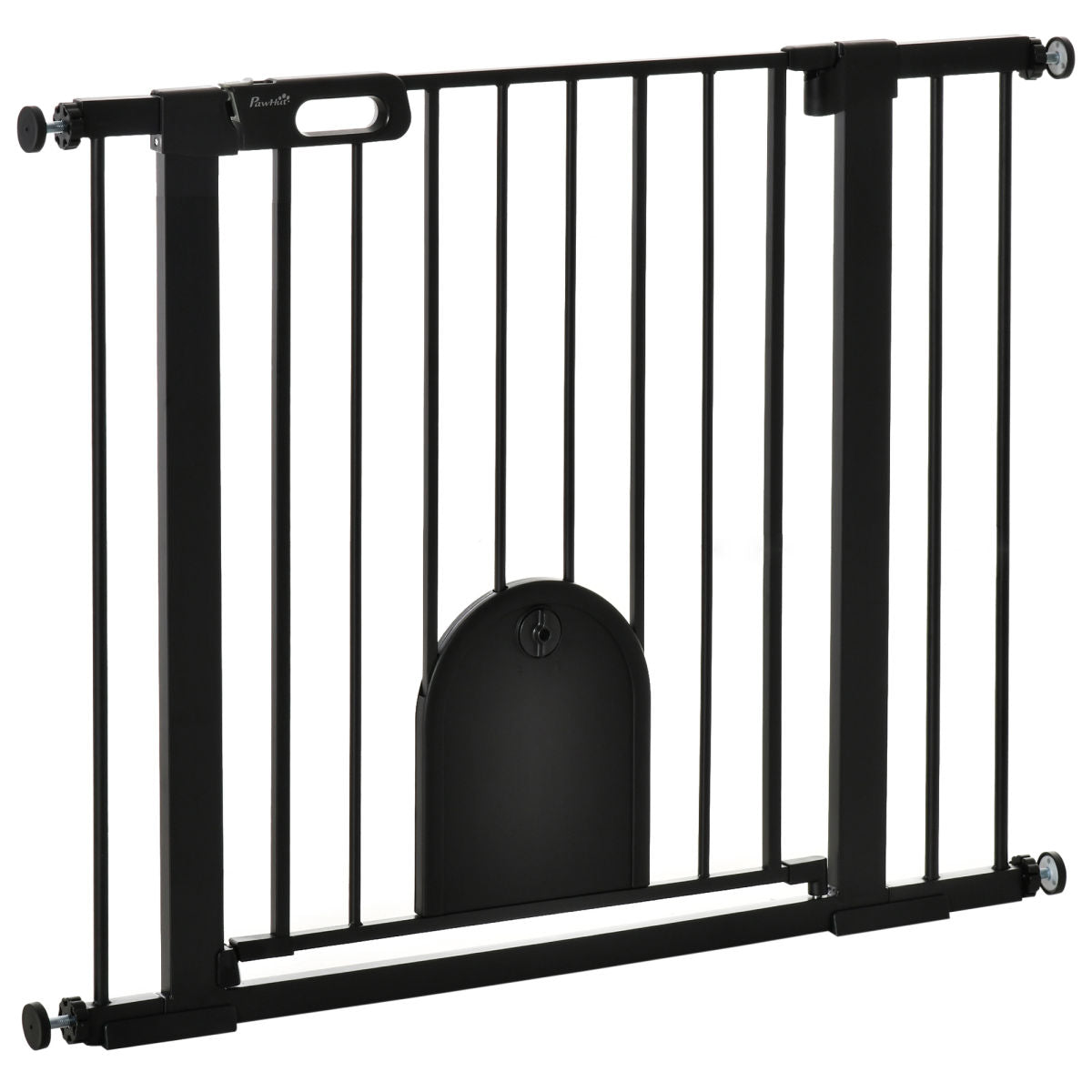 PawHut Dog Gate With Cat Flap Pet Safety Gate Barrier, Stair Pressure Fit, Auto Close, Double Locking, For Doorways, Hallways, 75-103 Cm Black