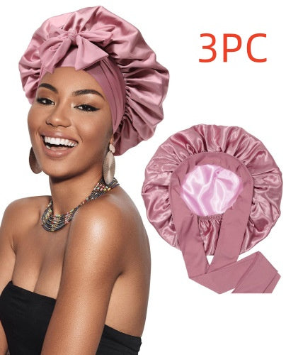 Double-layer Satin Ribbon Round Cap Bow Artificial Silk Beauty Hair Care Wide-brimmed Hat