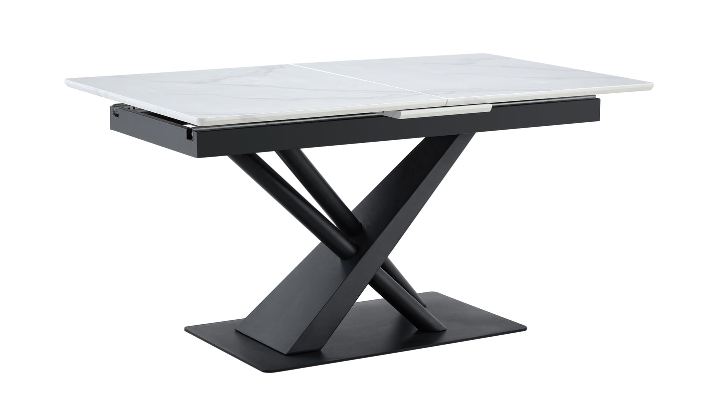 Modern Dining Table With White Marble MDF Veneer Paper Tabletop And Geometric X-Frame Metal Spray-Painted Legs, Sturdy Metal Base For Contemporary Kitchen Or Dining Room  White Marble, 1 Table