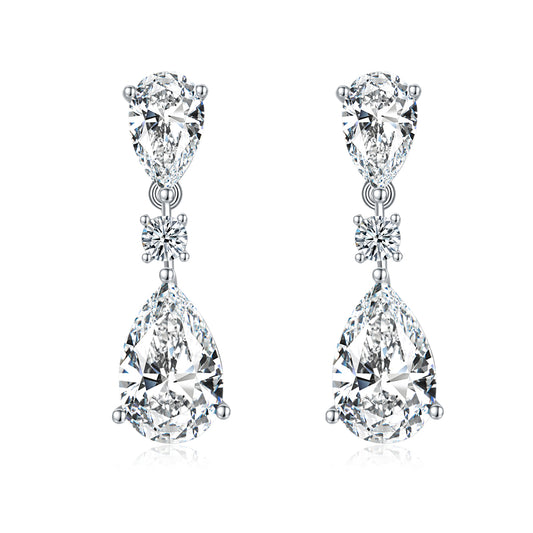S925 Sterling Silver Pear Moissanite Drop Earrings, 10x7mm D-VVS1 Three-Stone Dangle, Platinum Plated 3.6g Fine Jewelry Gift Box