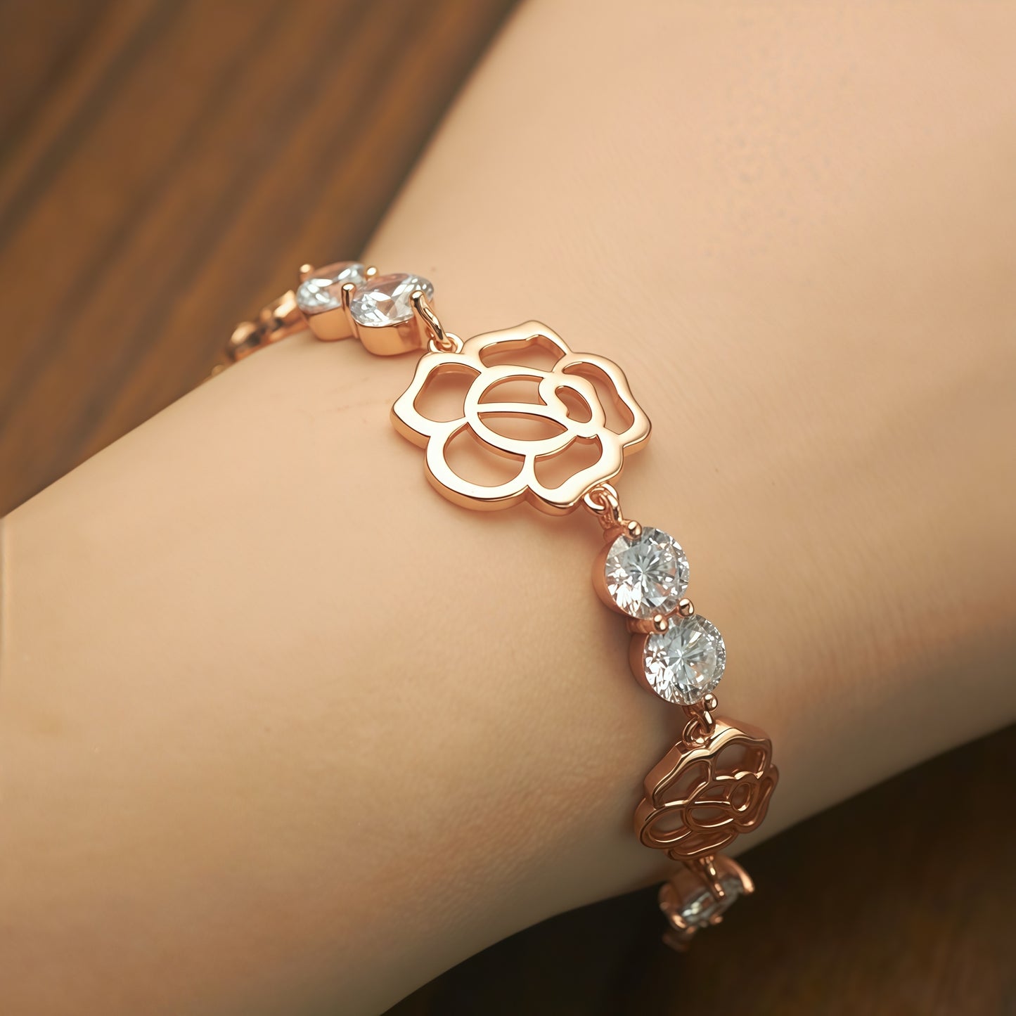 Rose Gold Openwork Rose Flower Cubic Zirconia Link Bracelet For Women, Copper Plated Silver Adjustable Extension Chain Floral Dainty Wedding Daily Jewelry Gift