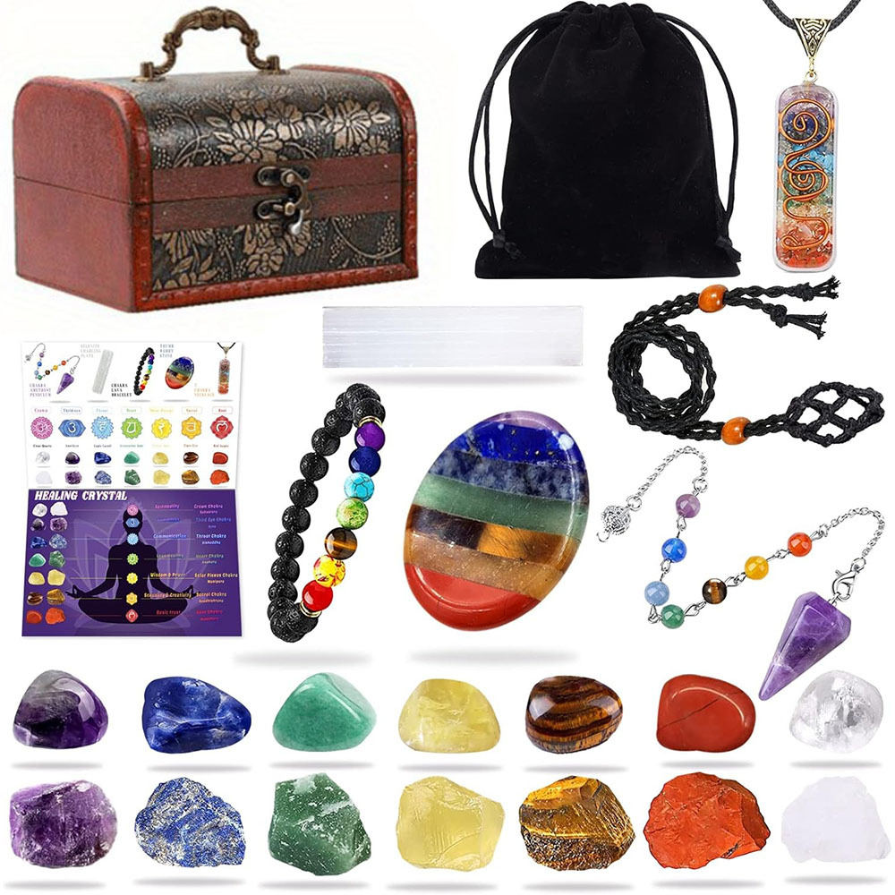 22pc Natural Yoga Crystal Woven Net Pocket Pendant Necklace