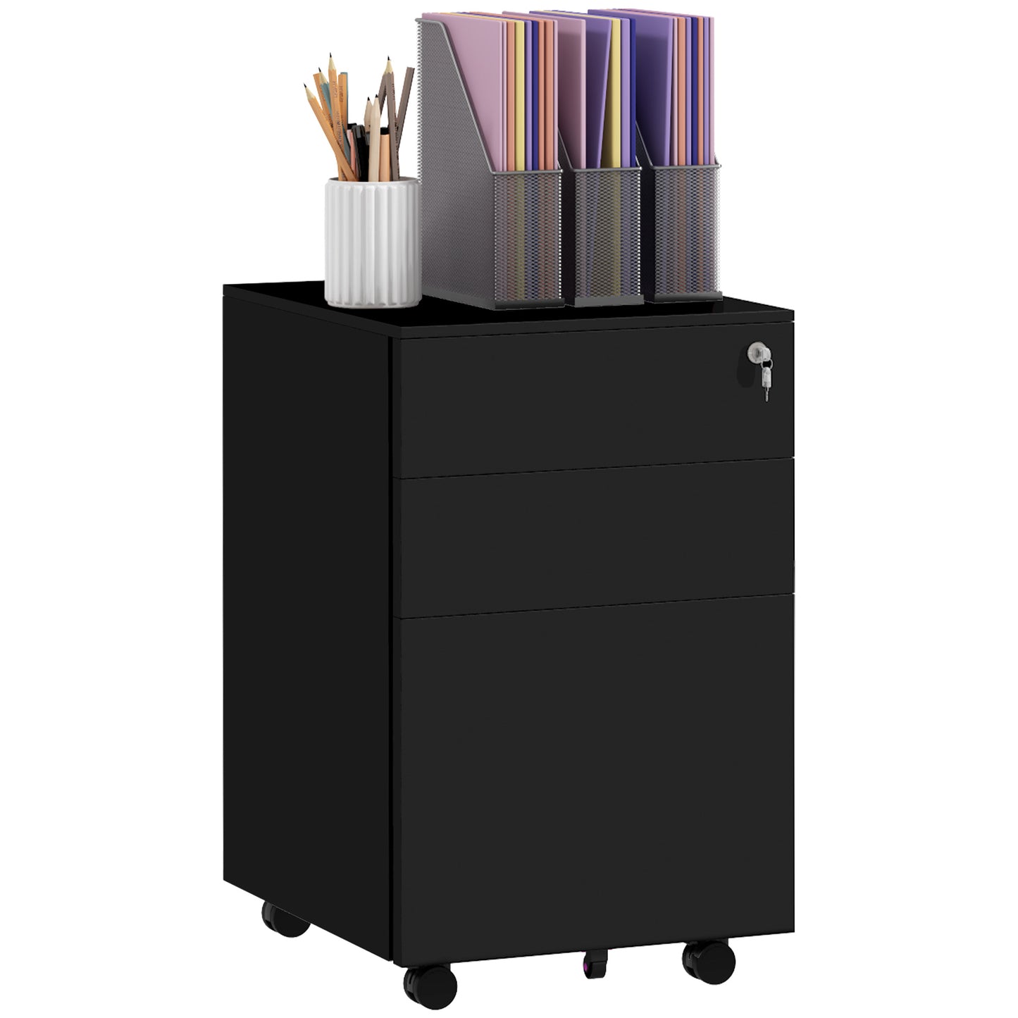 Vinsetto 3-Drawer Vertical Filing Cabinet With Pencil Tray, Lock And 5 Wheels, Steel Mobile File Cabinet, For A4, Legal And Letter Size, Pre-Assembled Body, Black