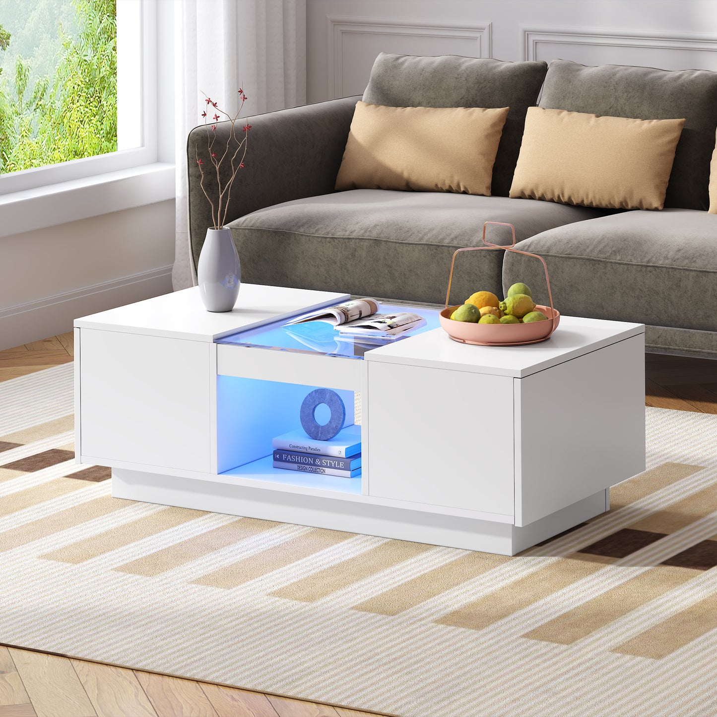 White Coffee Table 100x50x35.5 Cm -With Glass Cladding, LED Lighting, App Control, 2 Drawers And 1 Open Compartment