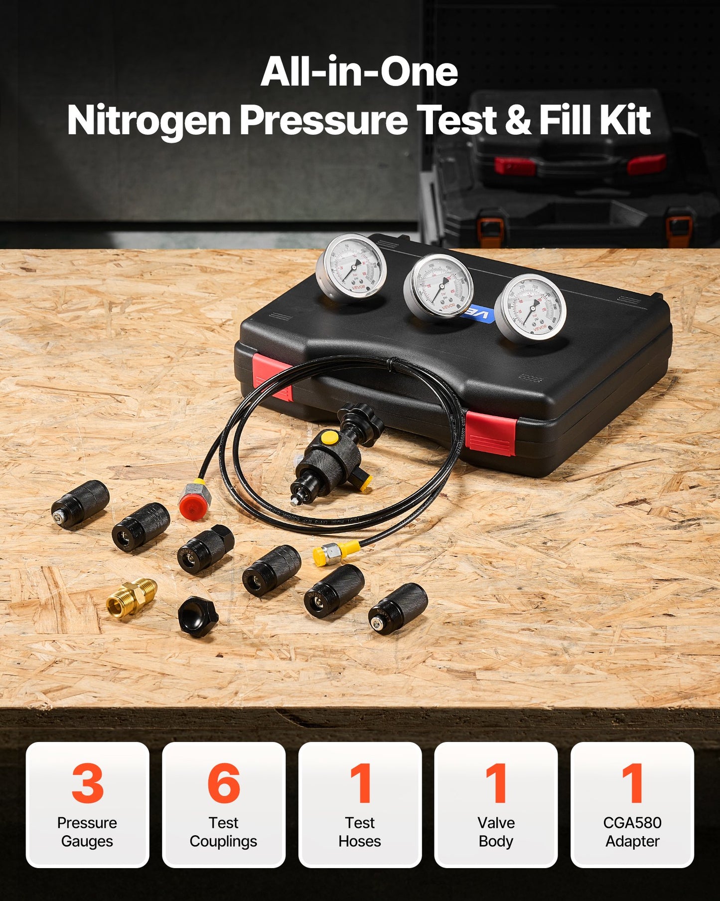 Hydraulic Nitrogen Accumulator Charging Kit, All-in-One Nitrogen Fill Kit, Pressure Test System With 3 Gauges (1500, 4000, 6000 PSI), 6 Adapters Couplings, 1 Gas Hose, 1 Valve, 1 CGA580 Adapter