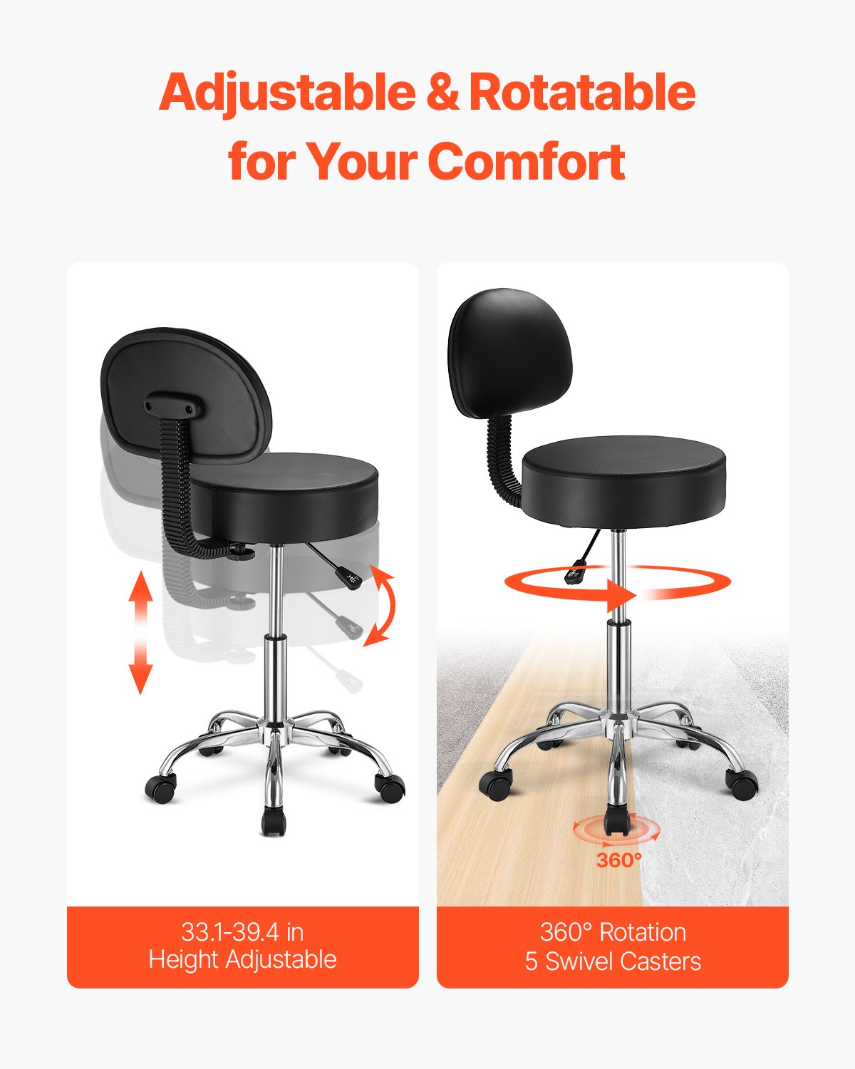 Rolling Stool With Back Support And Wheels, 450 LBS Weight Capacity Round Rolling Stool Chair, Height Adjustable Thickened PU Leather Swivel Stool For Salon, Spa, Massage, Tattoo, Clinic, Black